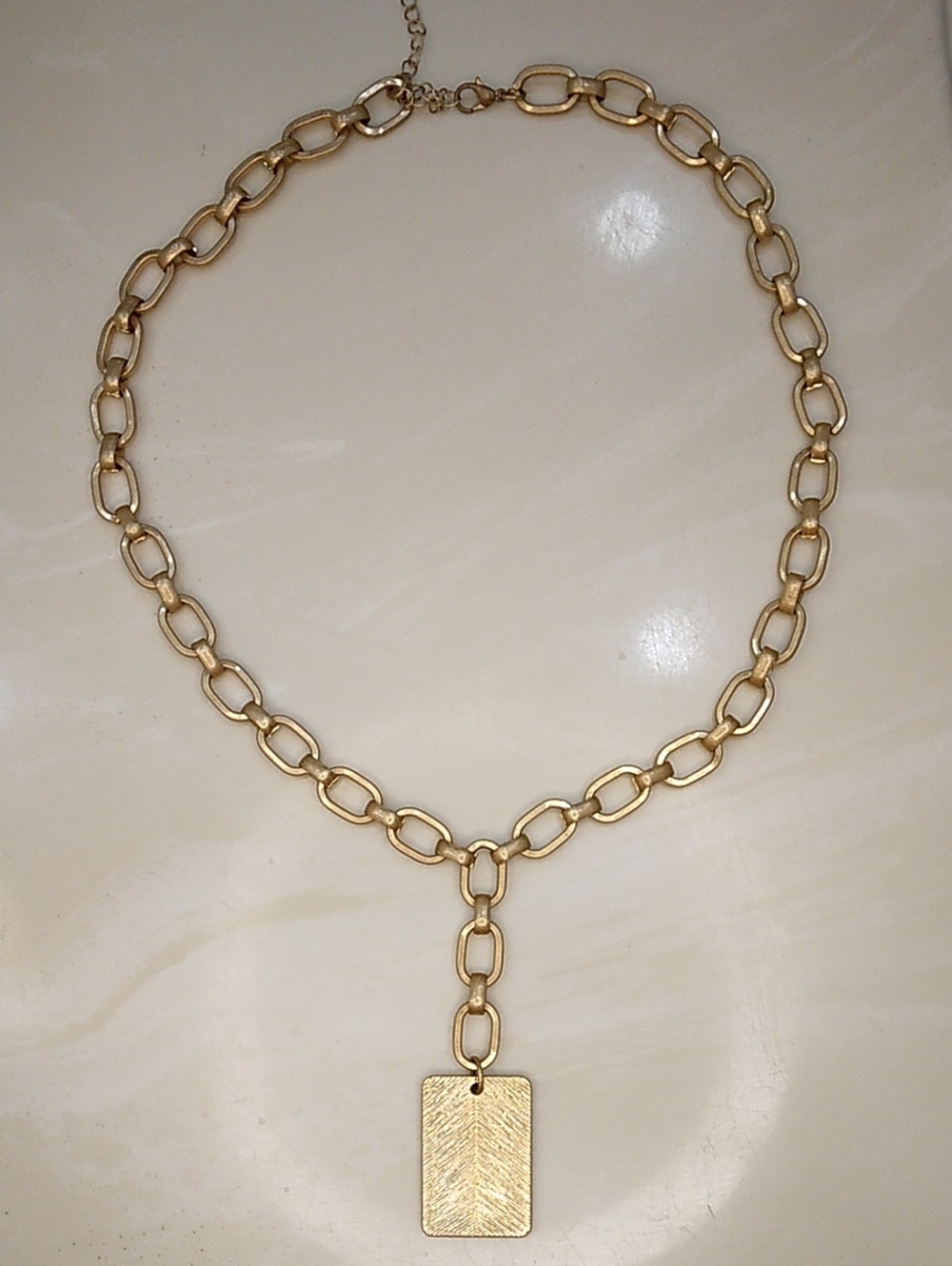 Matte Gold Link Chain Necklace with Rectangular Pendant